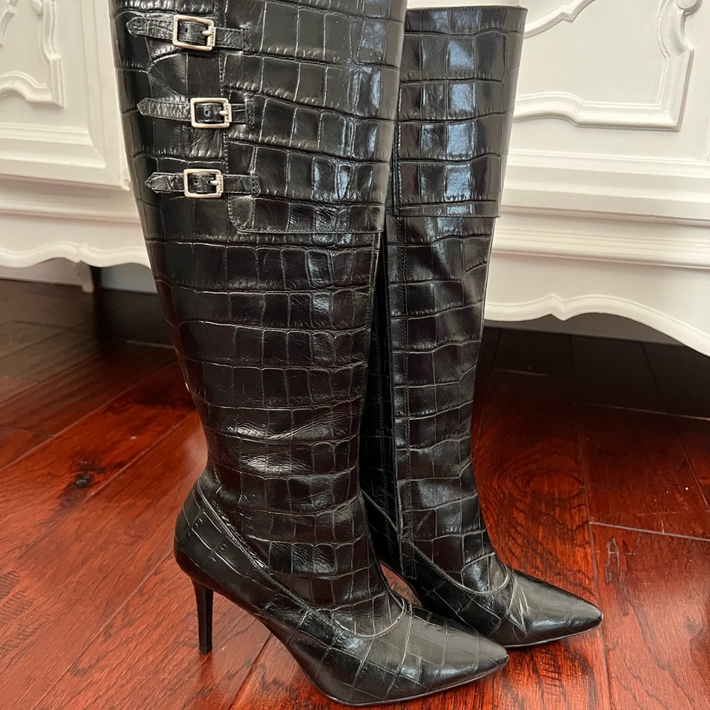 Black leather embossed croc Ralph Lauren boots